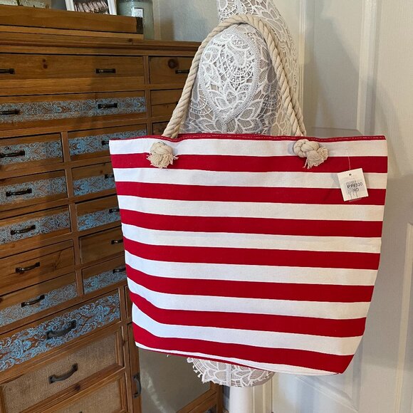 Striped Tote Bag - Beachy - Boat Day - Red/White - Rope Handles - XL- NWT - Picture 2 of 7